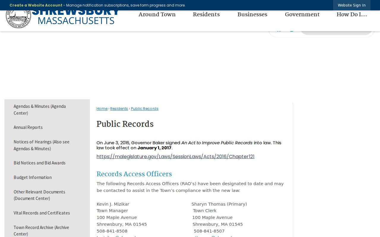 Shrewsbury residents directory public records request route