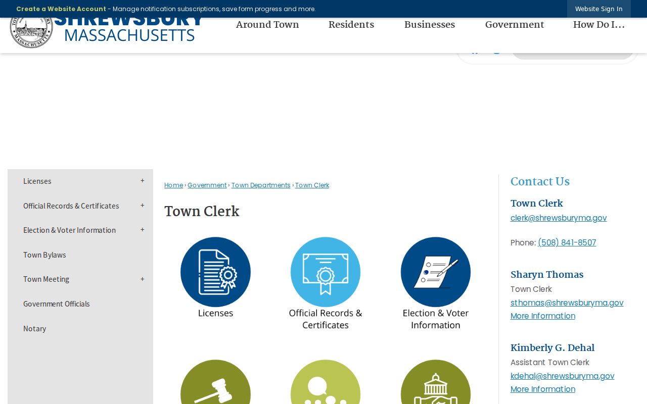 Shrewsbury residents directory Town Clerk records page
