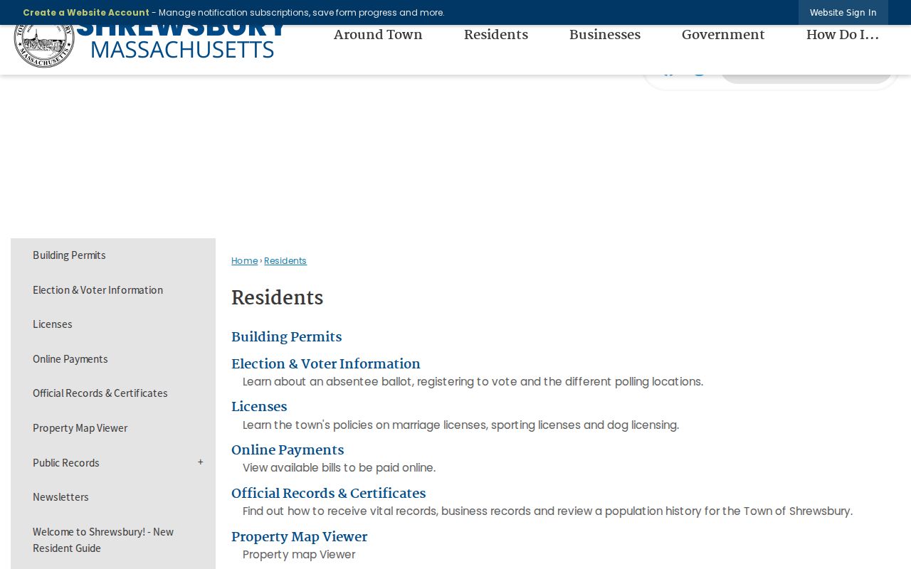 Shrewsbury neighbors reference showing the town residents services directory