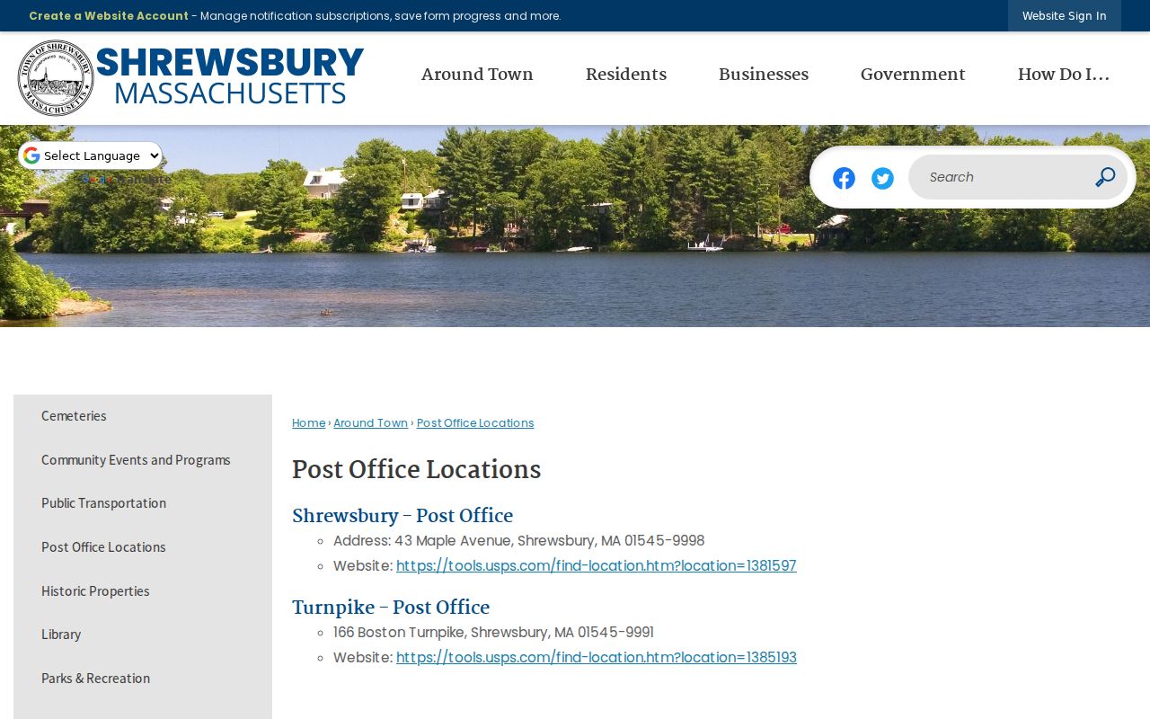 Shrewsbury ZIP code directory post office locations