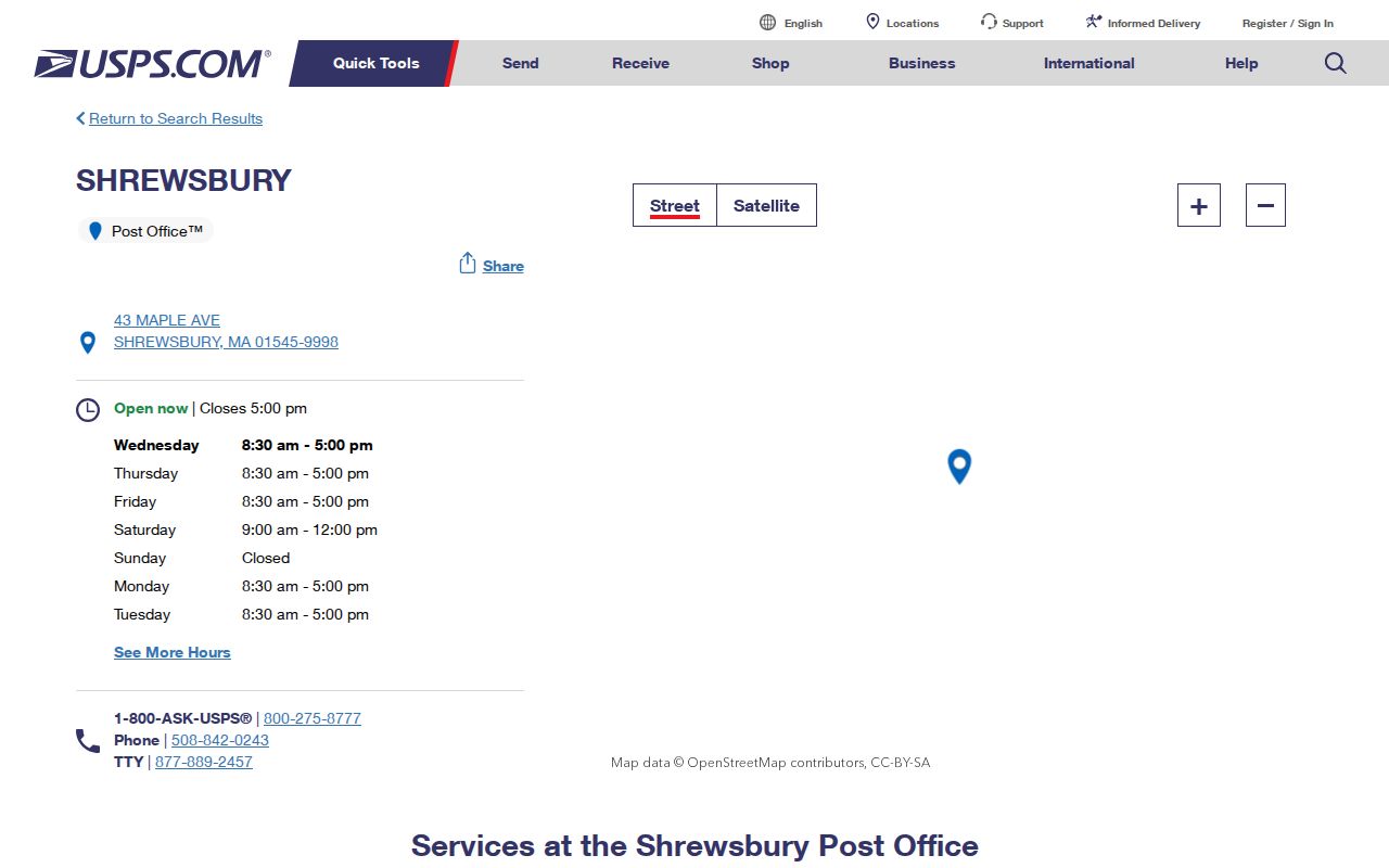 Shrewsbury ZIP code directory USPS retail location